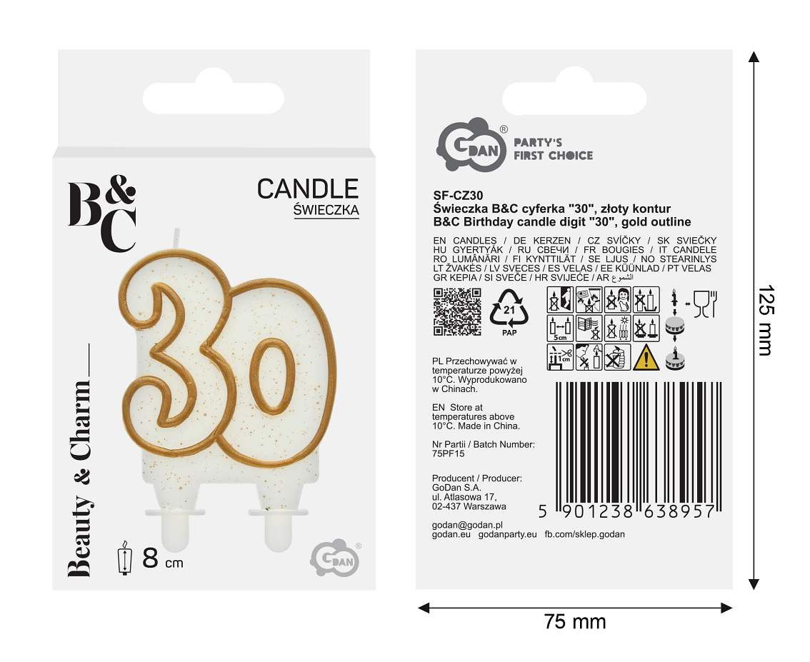 Birthday candle digit "30", gold outline, 8 cm